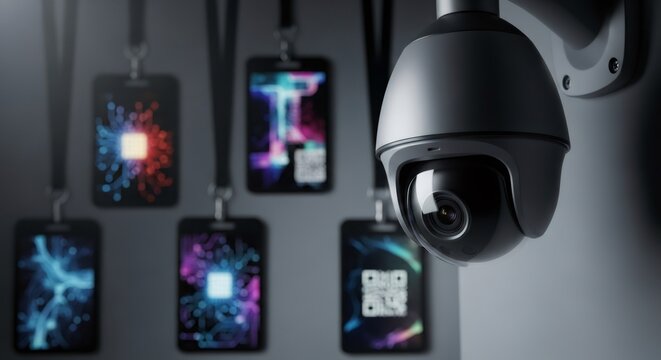 Security camera monitoring identity cards with digital circuits and QR codes. Cyber security and data protection concept.