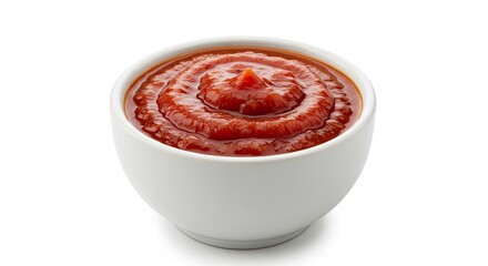 A white bowl filled with rich red tomato ketchup sauce.