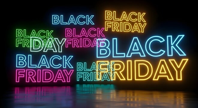 Colorful neon signs spelling out black friday in various colors and styles on a dark background, representing shopping and sales