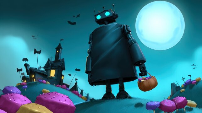Explore a vibrant cyberpunk landscape filled with ghostly robots gathering colorful candies on a moonlit night adventure