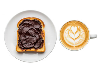 Toast with Chocolate Spread and Cappuccino with Latte Art on White Background
