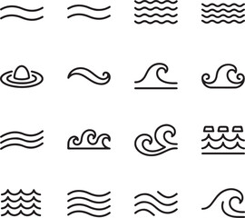 Waves' Variety: Collection of diverse and minimalist wave illustrations, meticulously designed to capture the dynamic essence of water in motion.