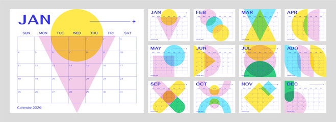 Calendar 2026 Abstract geometric template of 12 month horizontal pages set. Modern monthly planner starting on sunday with colorful shapes design