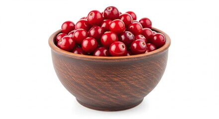 Bowl of fresh ripe red cranberries on a white background.