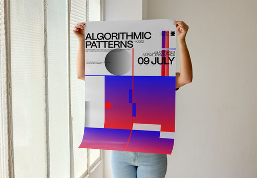 Mockup of Woman Holding a Large A2 Poster Indoors