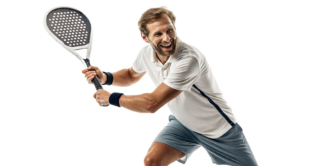 Athletic caucasian male padel player smiling while swinging racket in dynamic move transparent background