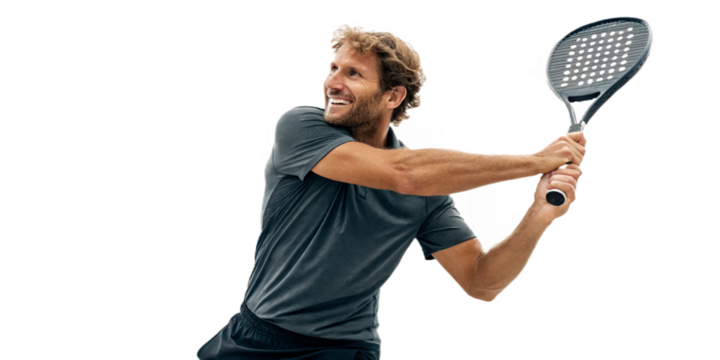 Athletic caucasian male padel player smiling while swinging racket in dynamic move transparent background