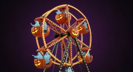 Delightful Halloween fun with a pumpkin Ferris wheel ride for friendly ghosts, perfect for festive backgrounds and themed invitations
