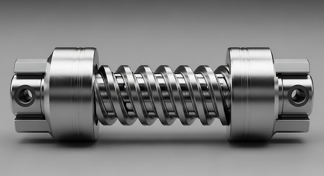 Close-up of a highly detailed, metallic, helical screw mechanism with distinct couplings on each end, showcasing intricate engineering and precision manufacturing