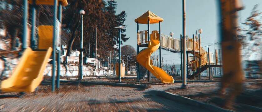 Empty playground with yellow slide and structure
