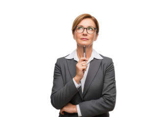Thoughtful Businesswoman with Pen Looking Up on White Background
