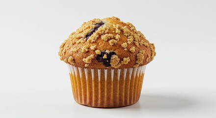 Delicious Blueberry Muffin with Crumble Topping Isolated on White Background.
