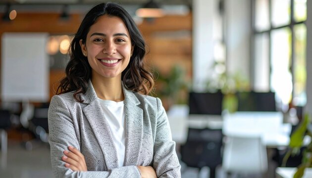 Confident young Hispanic professional businesswoman standing at work in office arms crossed smiling at camera.