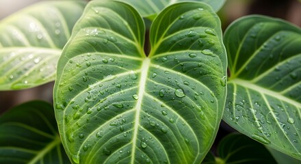 Obraz premium Close-up Detail of Water Droplets on Bright Green Tropical Foliage