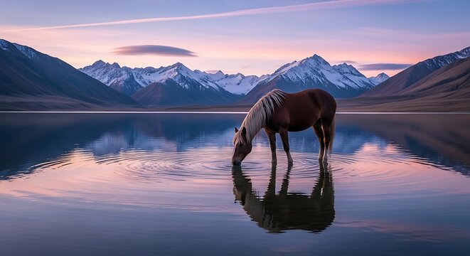 Majestic Horse Drinking from Serene Lake at Sunset in Mountain Landscape, Nature Photography - Powered by Adobe