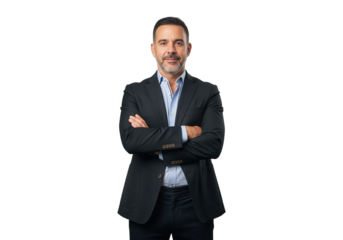 Confident Businessman with Arms Crossed on White