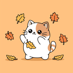 Cute Kawaii Cat with Autumn Leaves.
