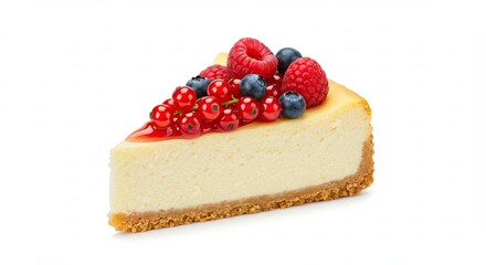 Delicious Slice of Cheesecake Topped with Fresh Berries and Red Currants.