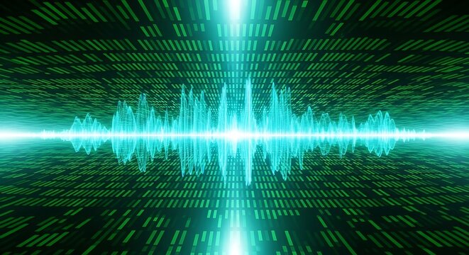 Abstract digital sound waveform with glowing green binary code background