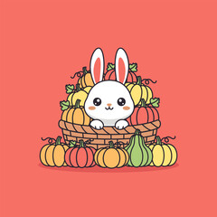 Cute Bunny Peeking From A Basket Full Of Pumpkins.