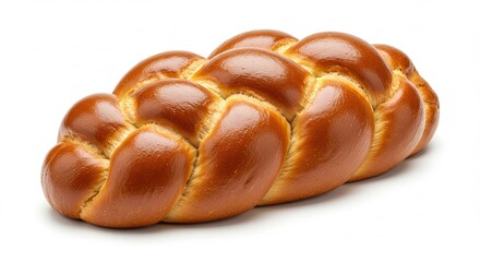 Golden Braided Challah Bread on a White Background.