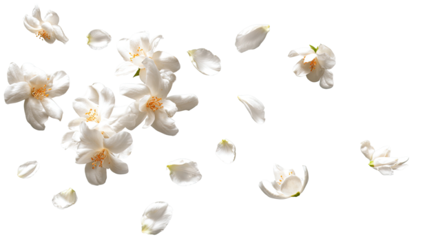 Delicate white blossoms and petals scattered on transparent background