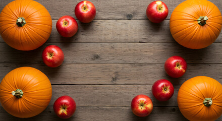 Pumpkins and apples arrangement on wooden background for Halloween  