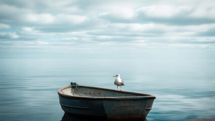 Fototapeta premium Seagull perched on a small boat in calm water under a cloudy sky.