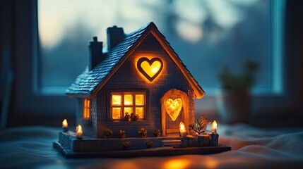 Ultra-realistic cinematic still life photograph of a small decorative house model glowing with warm interior light, heart-shaped window softly illuminated, placed on a wooden surface near a window, co