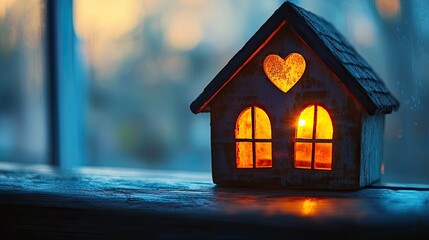 Ultra-realistic cinematic still life photograph of a small decorative house model glowing with warm interior light, heart-shaped window softly illuminated, placed on a wooden surface near a window, co
