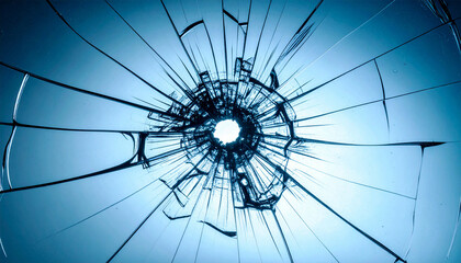 銃弾で割れたガラスの模様、青色の背景