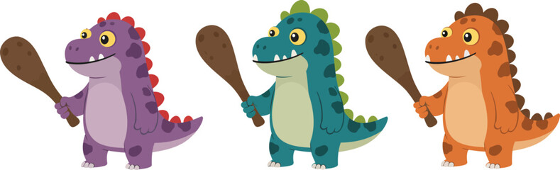 Obraz premium Cartoon Dinosaurs Holding Primitive Weapons