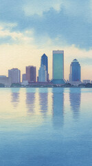 Fototapeta premium A Serene Watercolor Depiction of a City Skyline at Sunset Featuring Vibrant Reflections, Stunning Architecture, and Peaceful Waters for an Inspiring Urban Landscape Experience