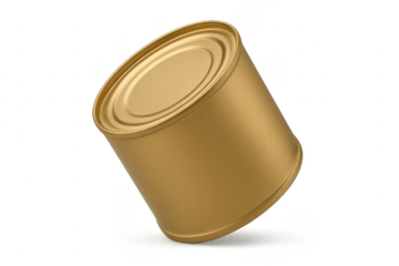Golden metal tin can for food packaging on transparent background