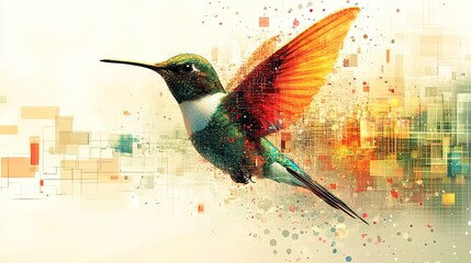 Ultra-realistic cinematic abstract illustration of a vibrant hummingbird in mid-flight, wings spread with dynamic motion, feathers rendered in rich gradients of green, orange, red, and gold, surrounde