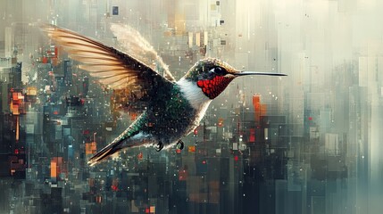 A pixelated hummingbird in flight against a cityscape 