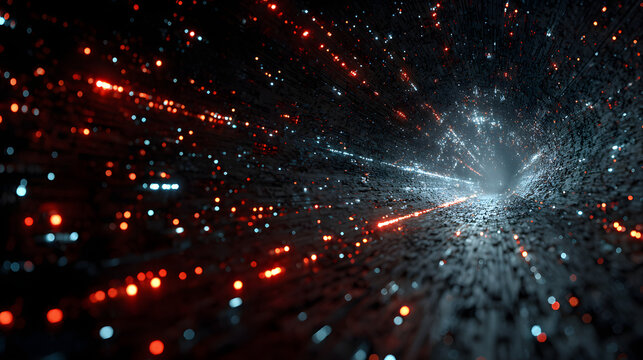 High-Speed Data Grid in City Arc Form: Abstract Tunnel of Red Blue Glowing Particles - Powered by Adobe
