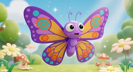 Fototapeta premium Colorful Butterfly Fluttering in a Whimsical Garden - Animated Illustration - Cheerful Environment