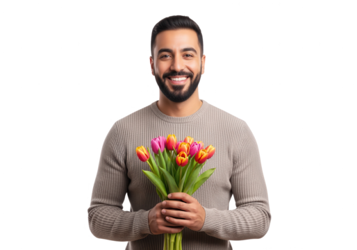 Smiling Man Holding Bouquet of Colorful Tulips on White Background
