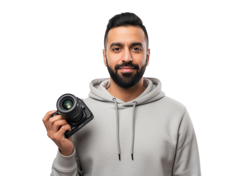 Photographer Man Holding Camera on White Background