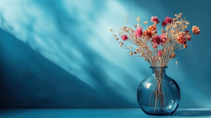 Ultra-realistic cinematic still life photograph of a delicate bouquet of dried flowers arranged in a transparent glass vase, placed against a soft blue textured wall, natural directional light casting