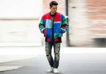 Young man wearing colorful patchwork jacket walking outdoors