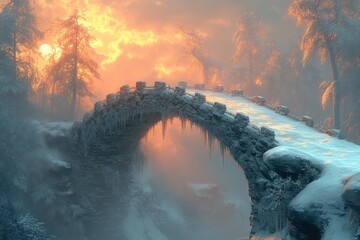 Snow-covered bridge in a forest.
