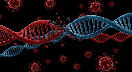 Dna strand breaking with viruses conceptual illustration black background