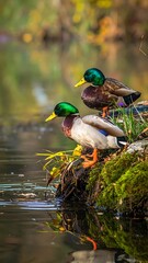 Obraz premium Two ducks on a mossy bank