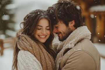 Couple embracing in the snow.