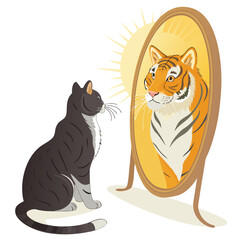A cat sees its inner tiger in a mirror. in detailed view.