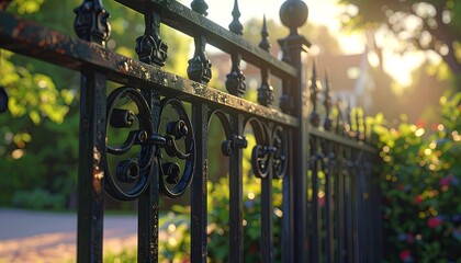 Ornate Black Iron Gate at Sunset - Decorative Metalwork with Golden Light.