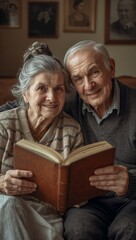 Elderly couple smiling while holding a photo album at home  