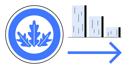 Blue leaf emblem next to ascending bar chart and forward arrow. Ideal for sustainability, progress, ecology, development, growth, eco-business, and future planning. Simple flat metaphor